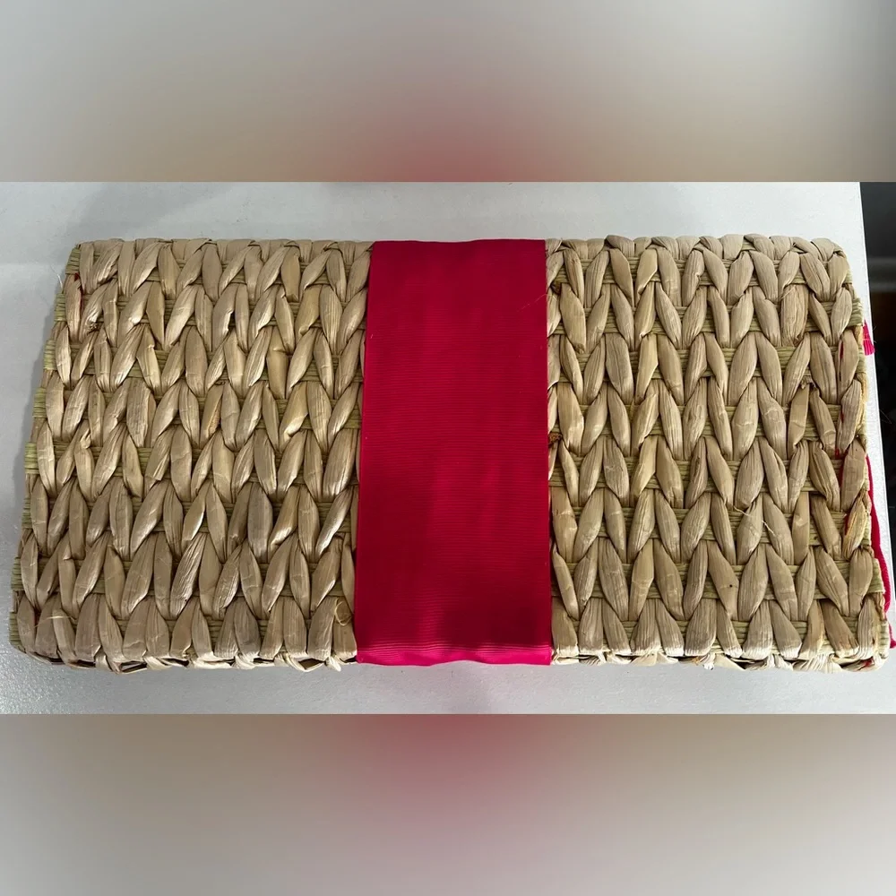 Mudpie Woven Beige and Hot Pink Clutch with Gold Shell Accent - Picture 6 of 6